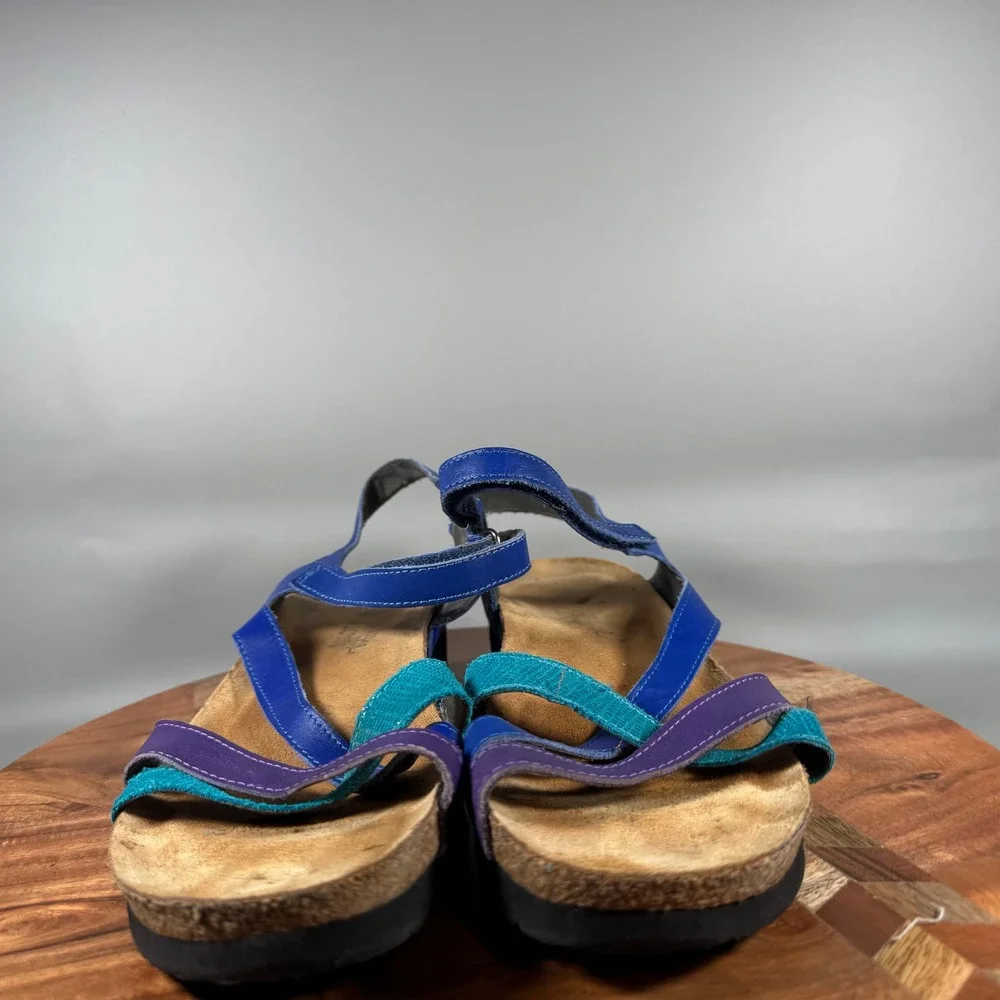 Naot Women 11 Blue Purple Teal Leather Strappy Cork Platform Sandals EU 42